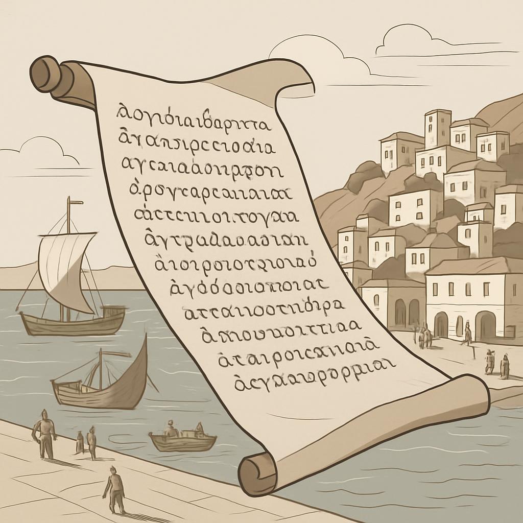 An ancient Greek scroll with unreadable text, featuring a scenic background of a coastal town.
