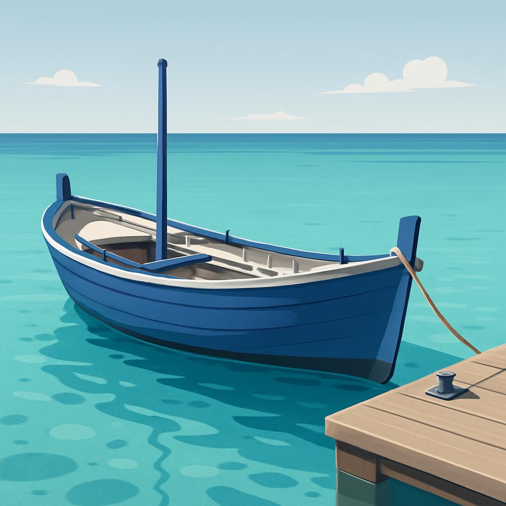 An anchored blue sail boat in light blue water.