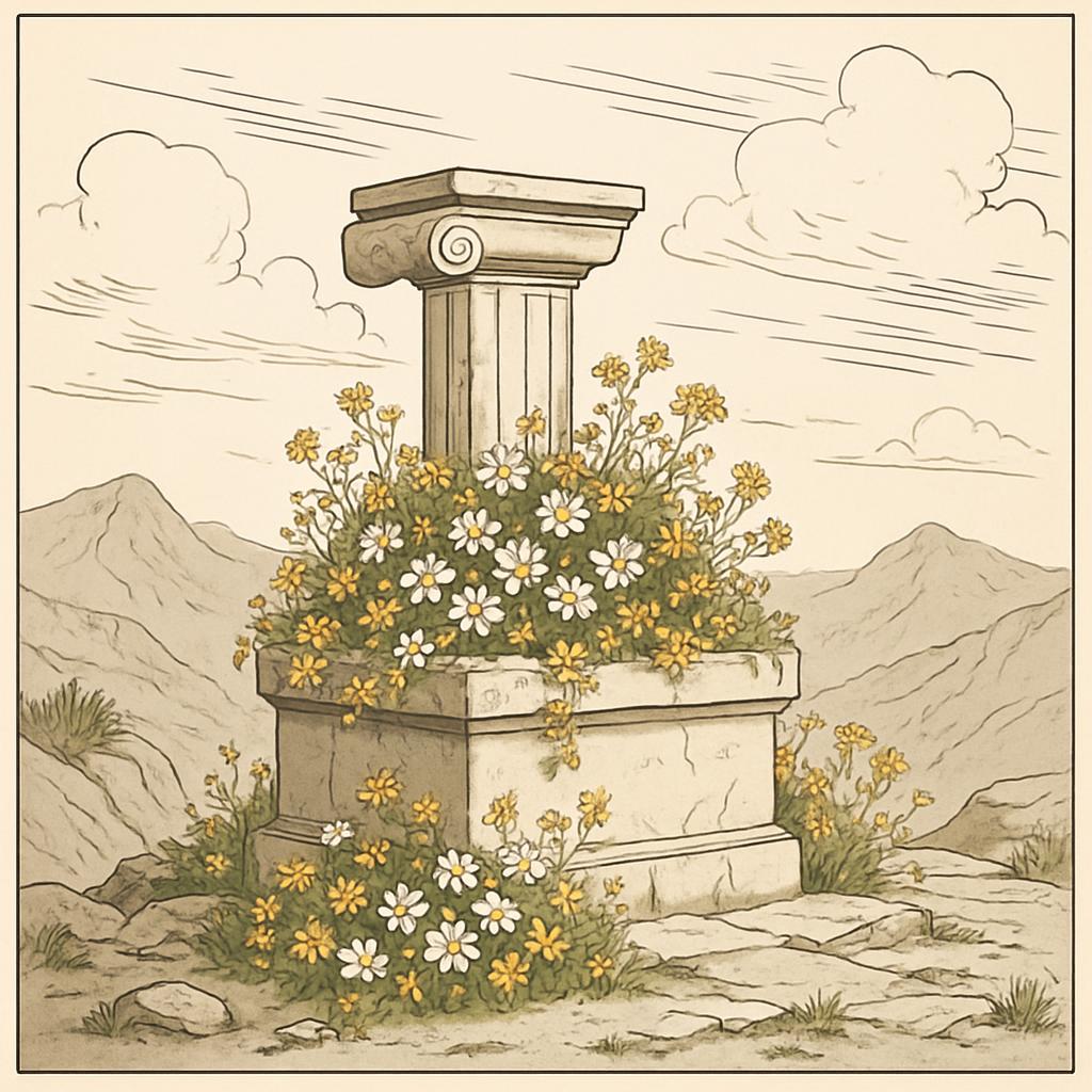 (Dreamy vintage illustration of an ancient Greek temple column in ruins, covered in white and yellow flowers and set again...