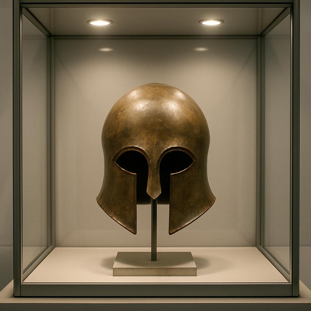 A display case with a vintage Greek helmet centered in a glass enclosure. The golden-colored helmet is touching at the bas...