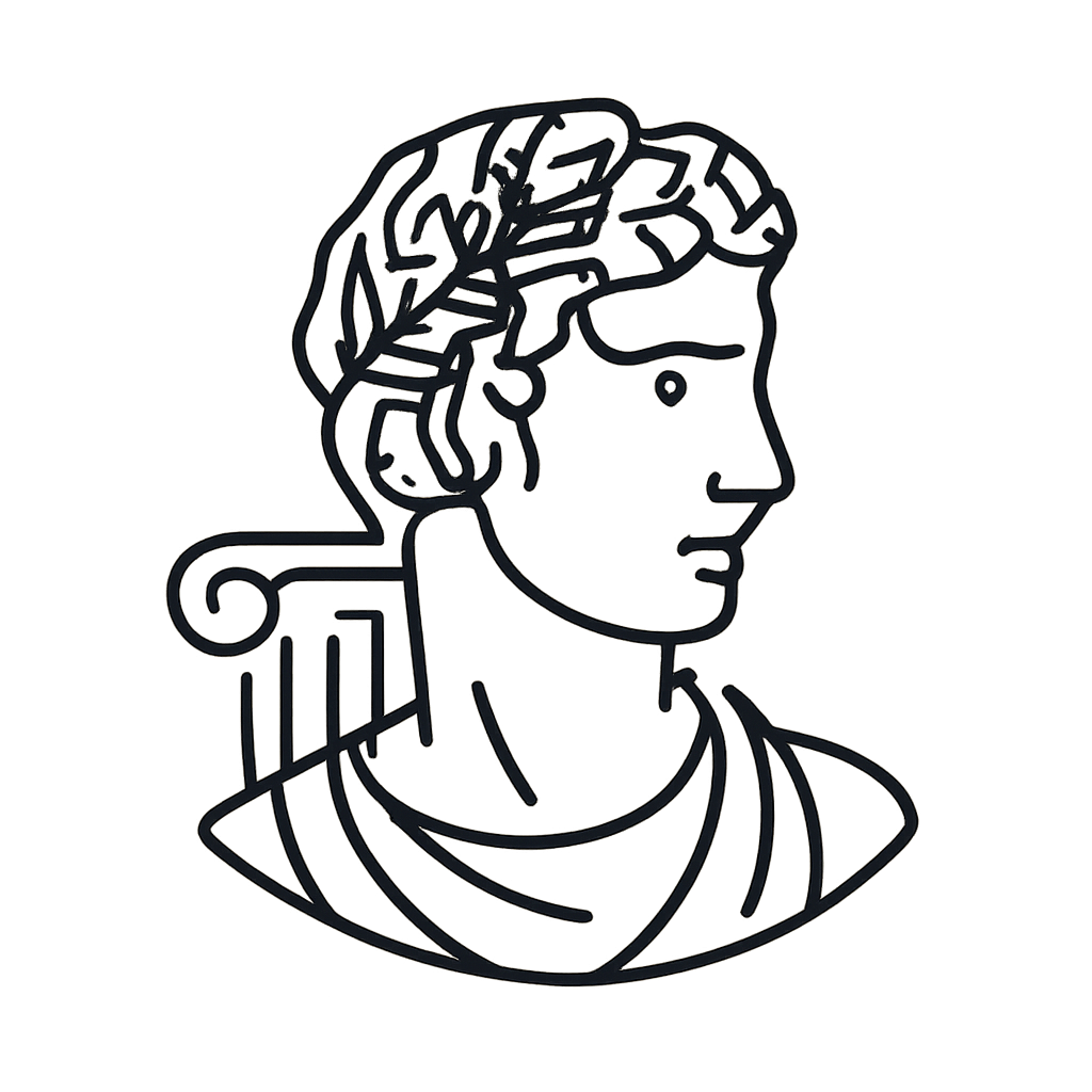 A simple line drawing of a person's head and shoulders with short dark hair and a dark v-neck shirt. This image has no bac...